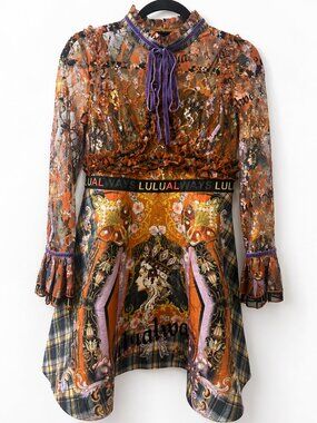 Women’s Lulualways Lace Dress Size 7 Brown Long Sleeve Ruffle Cuff Fit and Flare